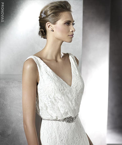 Pronovias Preslie is a stunning ivory lace V Neck wedding dress