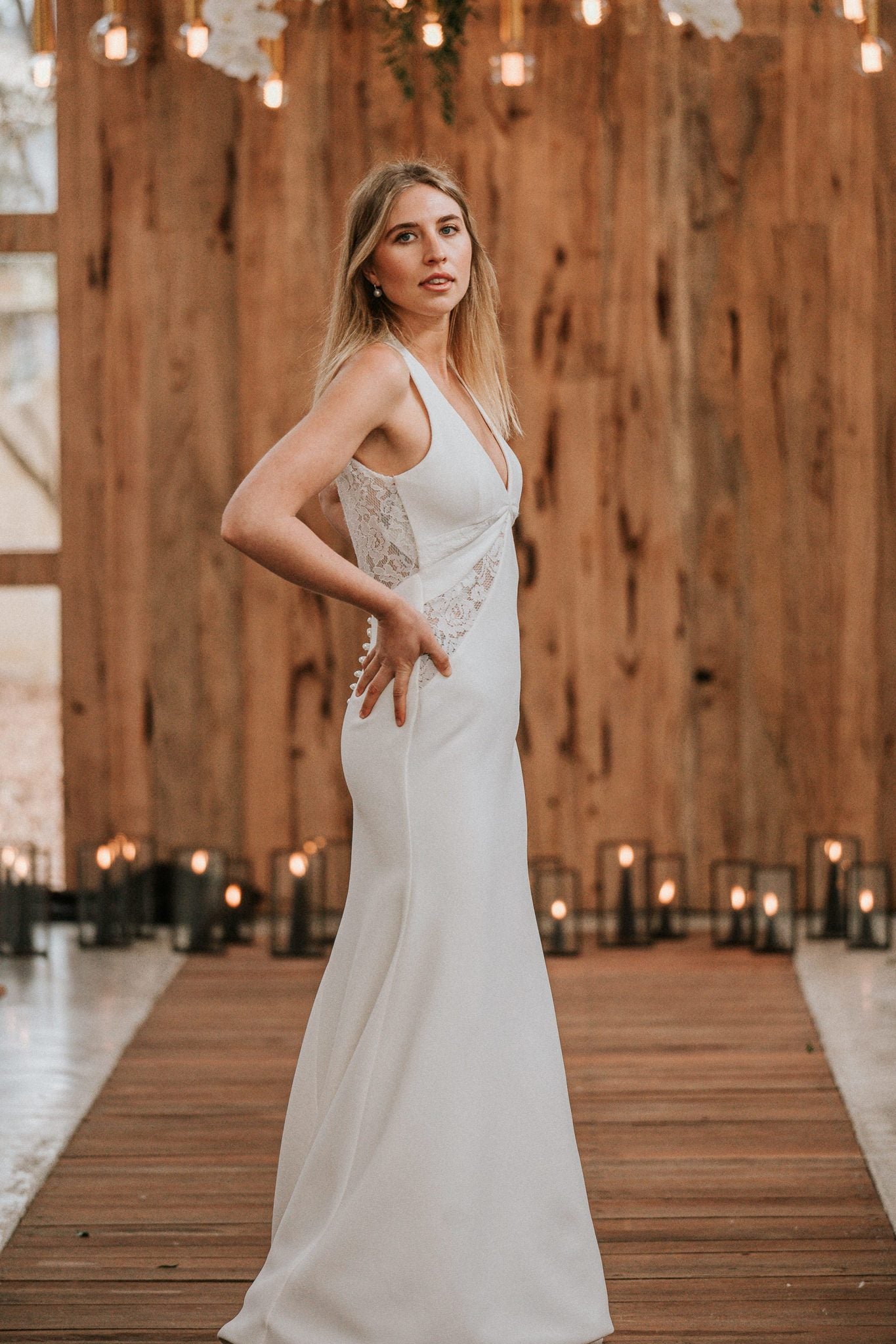 Jillian by Samantha Wynne | Halter Wedding Dress with Sheer Lace Panel Detail