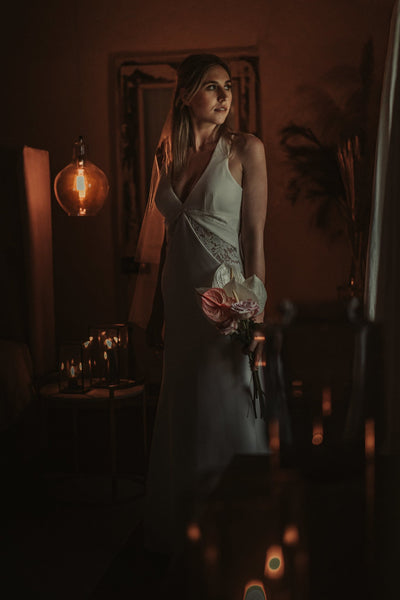 Jillian by Samantha Wynne | Halter Wedding Dress with Sheer Lace Panel Detail